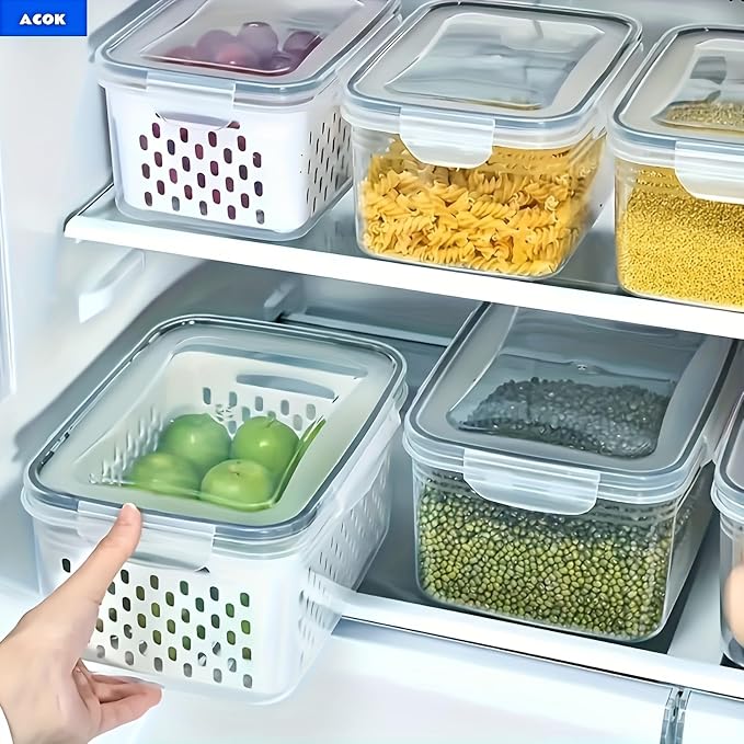 2PC Food Storage Containers for Fridge with Lid, Washable Fruit Storage Containers with Removable Colanders, Keep Fruits, Vegetables, Berry, Meat Fresh Longer