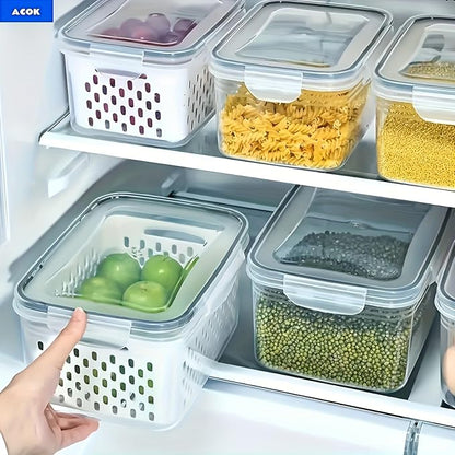 2PC Food Storage Containers for Fridge with Lid, Washable Fruit Storage Containers with Removable Colanders, Keep Fruits, Vegetables, Berry, Meat Fresh Longer