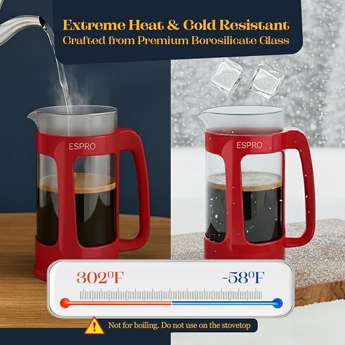ESPRO Light P3 French Press Coffee Maker – Patented Double Micro-Filter for Grit-Free Brew, Heat Resistant thicker Borosilicate Glass Coffee press – (Red 32 oz)