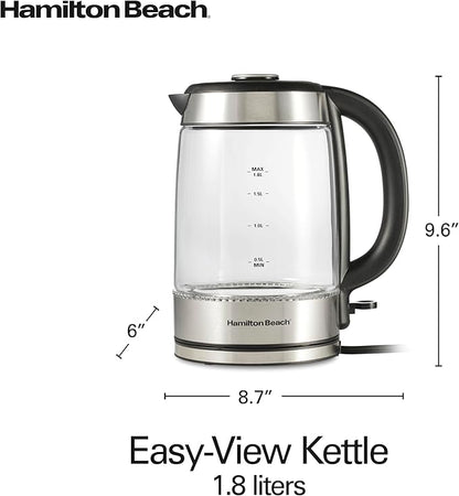 Hamilton Beach Electric Tea Kettle, Water Boiler & Heater, 1.8 Liter, 1500 Watts for Fast Boiling, BPA Free, Cordless Serving, Auto-Shutoff & Boil-Dry Protection, Blue LED, Glass (40853C)