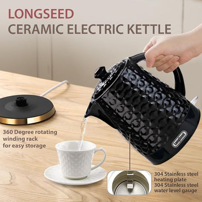 Ceramic Electric Kettle, 1.5L/1200W Boil Water Quickly and Easily with Boil-Dry Protection Auto Shut Off, Detachable Swivel Base, Black Relief Carving