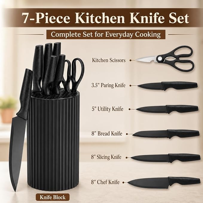 Small Knife Block Set, Modern Kitchen Knife Scissors with Universal Round Holder, Home Apartment New Kitchen Essentials, Space Saving, Dishwasher Safe(Black, 7PCS)