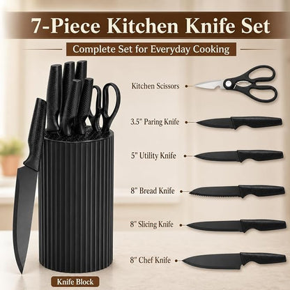 Small Knife Block Set, Modern Kitchen Knife Scissors with Universal Round Holder, Home Apartment New Kitchen Essentials, Space Saving, Dishwasher Safe(Black, 7PCS)