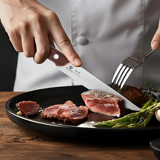 imarku 9" Steak Knife Set of 6, Japanese High Carbon Stainless Steel, Serrated Edge Glides Through Steak, No Sharpening, For 6 Guests, Complements Any Table