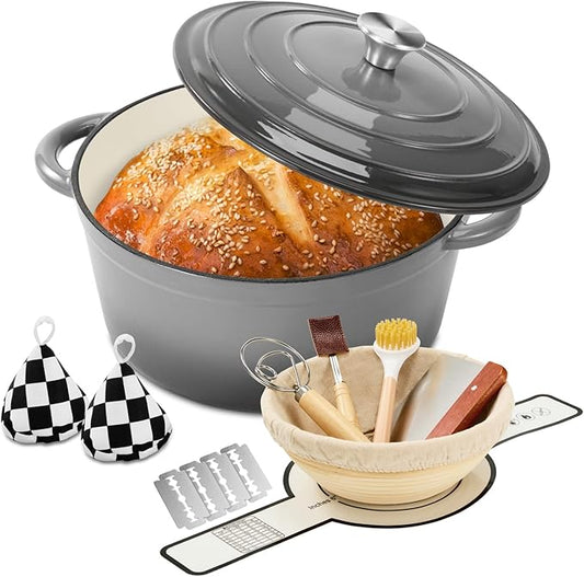 Enameled Cast Iron Dutch Oven with Lid -6.5 QT, incl. Sourdough Bread-Baking Supplies like Banneton Proofing Basket, Heavy Duty Cookware Bread-Oven for Baking, Stews, and Roasting, Gray