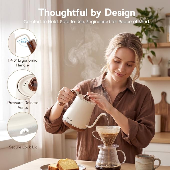Electric Kettle, 1000W Quick Heating Gooseneck Kettles, 1.0L/33.82oz, 0.8mm Ultra-Fine Spout, Precise Water Flow Control, 304 Stainless Steel Inner, Auto Shut-Off, Boil Dry Protection, Matte Beige