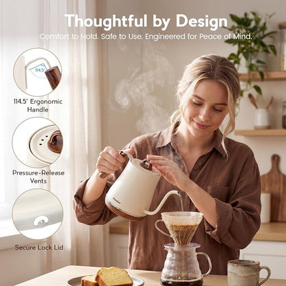 Electric Kettle, 1000W Quick Heating Gooseneck Kettles, 1.0L/33.82oz, 0.8mm Ultra-Fine Spout, Precise Water Flow Control, 304 Stainless Steel Inner, Auto Shut-Off, Boil Dry Protection, Matte Beige