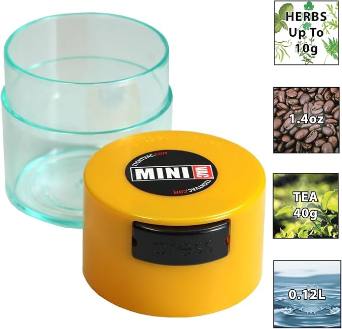 Minivac - 10g to 30 grams Airtight Multi-Use Vacuum Seal Portable Storage Container for Dry Goods, Food, and Herbs - Clear Yellow