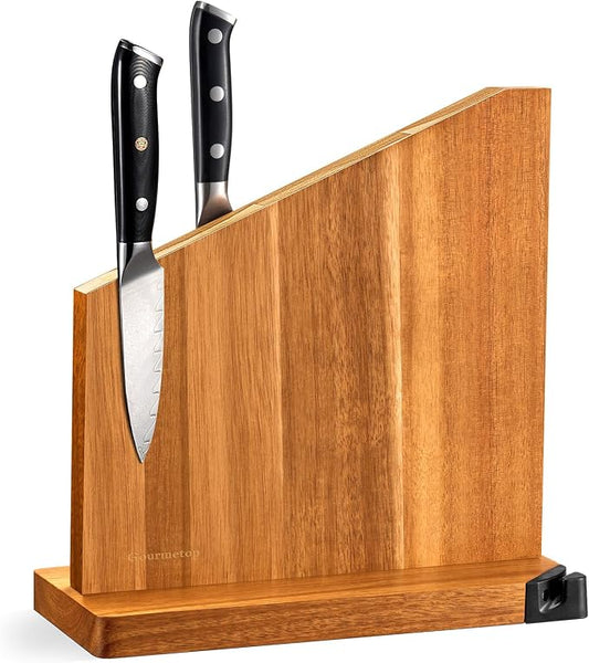 Gourmetop Magnetic Knife Holder with Built-in Sharpener, 100% Acacia Wood Magnetic Knife Block without Knives, Strong Double-Sided Magnetic Knife Holder for Kitchen Countertop Organization, Light Wood