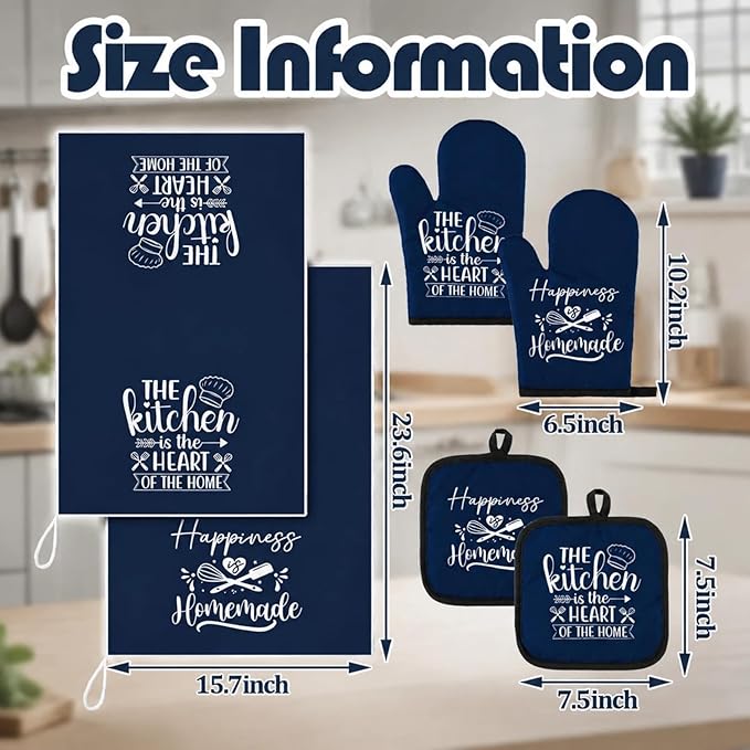 Sratte 6 Pcs Kitchen Decor Accessories Set Farmhouse Towels Pot Holders Oven Mitts Set 2 Dish Towels 2 Potholders 2 Cooking Mittens Oven Glove for Christmas Baking Cooking Supply(Blue,Kitchen)