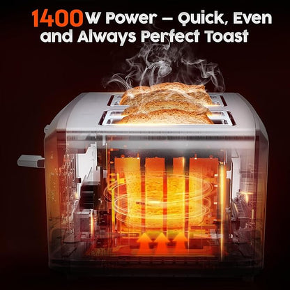 PULZO 4 Slice Toaster Wide Slot, LED Display, Dual Independent Control Panel, 6 Bread Modes, Defrost, Reheat & Timer, Digital Toasters for Bagel Muffin Waffle Gluten Free Breads