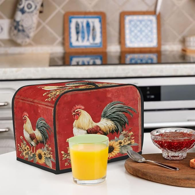4 Slice Red Farm Rooster Toaster Cover Waterproof Dust Fingerprint Bread Machine Cover Washable Kitchen Appliance Protector For Home Kitchen Bakeware Table Decor Women Gifts