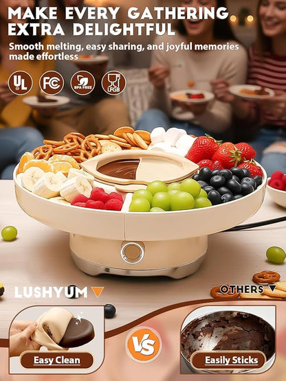 LUSHYUM Chocolate Fondue Pot Set Electric Melting Machine, 4-Cup Capacity 4 Trays 6 Forks 1 Spatula Cheese Warmer, Ideal Gift for Couple Family & Date Night Idea House Warming Holidays Essentials