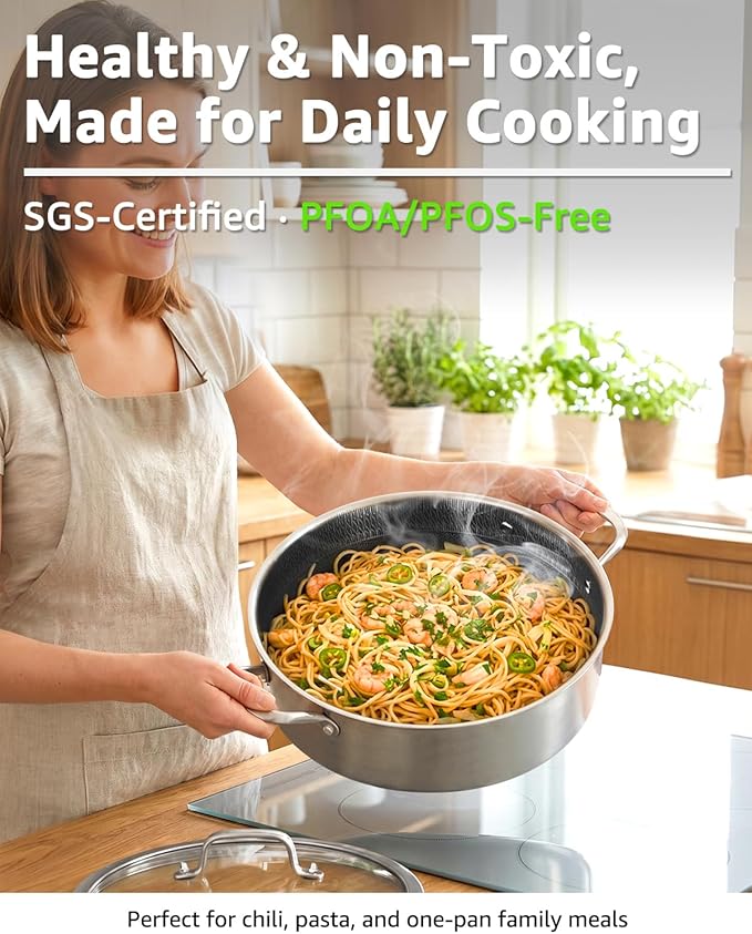 LOLYKITCH 6QT Tri-Ply Stainless Steel Sauté Pan with Lid + 8" Nonstick Fry Pan Set, Detachable Handle, Induction Compatible, Oven-Safe, PFOA-Free Cookware for Searing, Frying & Everyday Cooking