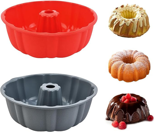 PADELE 2 Pack Silicone Cake Pan Nonstick,10 Inch, Silicone Cake Molds,Pound Cake Pan, Baking for Jello,Gelatin,Cake,Brownie and Bread (Red+Grey)