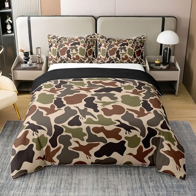 Duck Hunting Duvet Cover Set 100% Cotton Army Camo King Size Bedding Set Green Brown Camouflage Military Comforter Cover for Kids Rustic Farmhouse Wild Animal Bedding with 2 Pillowcases(No Comforter)
