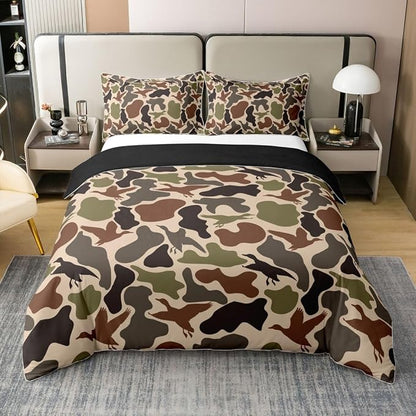 Duck Hunting Duvet Cover Set 100% Cotton Army Camo Full Size Bedding Set Green Brown Camouflage Military Comforter Cover for Kids Rustic Farmhouse Wild Animal Bedding with 2 Pillowcases(No Comforter)