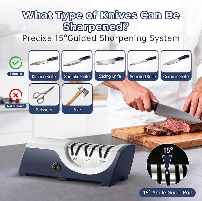 Kitchen Professional Electric Knife Sharpener: 3-Stage 100% Diamond Knife Sharpeners - 15° Precision Electric Sharpening Tool to Restore & Polish Chef Knives | Ideal Gift for Chefs & Dads
