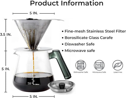 Aquach Pour Over Coffee Maker with Stainless Steel Filter & Borosilicate Glass Carafe - 28oz Drip Coffee Pot for Rich Flavor, Easy Cleanup & Dishwasher Safe Components, Ideal for Daily Use
