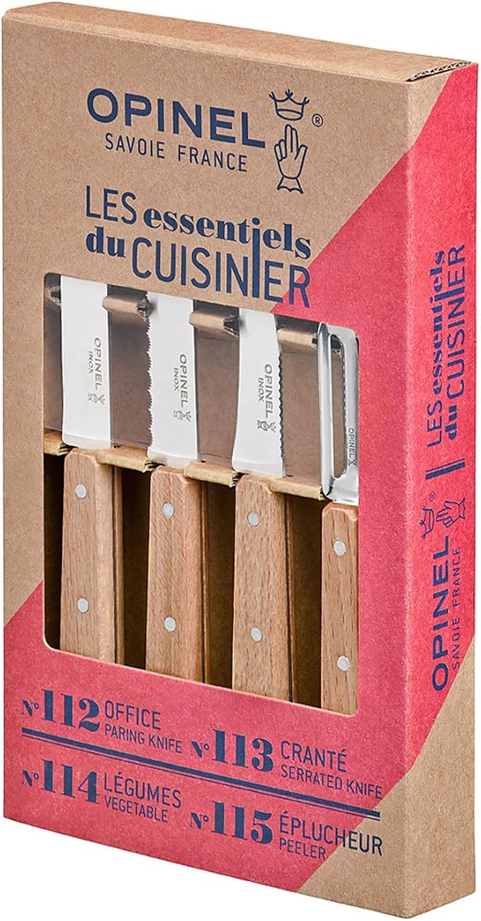 OPINEL Les Essentials - Small Kitchen 4 Piece Knife Set - Paring, Serrated, Peeler, Vegetable Knife, Corrosion Resistant High Carbon Steel, Made in France (Natural)