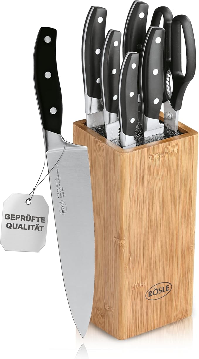 Rösle German Knife Set in Bamboo Block, 5-Piece Set plus Scissors