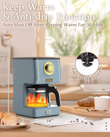 Amaste Coffee Maker, 5 Cup Coffee Pot with Three Brewing Modes, Retro Coffee Maker with Glass Carafe & Reusable Coffee Filter, Drip Coffee Maker Ideal for Home or Office, Warming Plate, Ash Blue