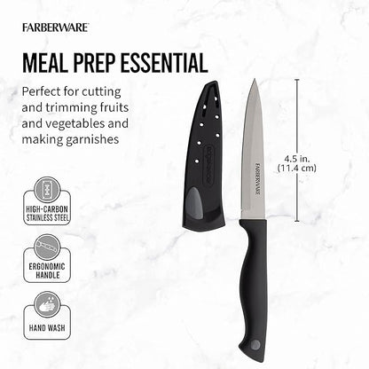 Farberware Edgekeeper 4.5-Inch Fine Edge Utility Knife with Self-Sharpening Blade Cover, High Carbon-Stainless Steel Kitchen Knife with Ergonomic Handle, Razor-Sharp Knife, Black