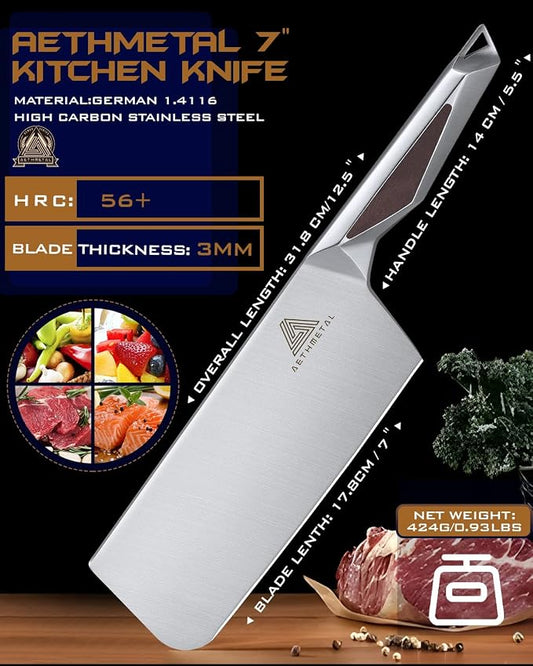 7 Inch Meat Cleaver Knife, Full Metal Stainless Steel Kitchen Knife for Cutting Meat & Vegetables, Ergonomic Handle Chinese Chef’s Butcher Knife for Home & Restaurant
