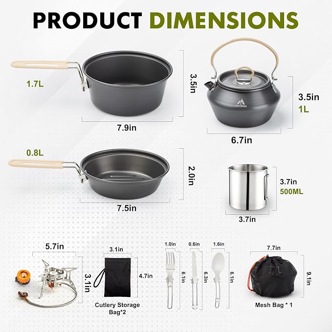 THTYBROS 17pcs Camping Cookware Kit, 0.45Gal Pot, 7inches Pan,0.30Gal Kettle Set with 2 Set Stainless Steel Cups Plates Forks Knives Spoons for Hiking