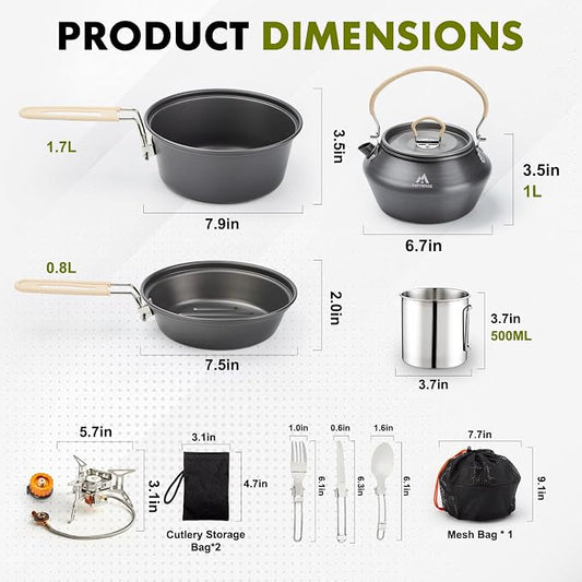 THTYBROS 17pcs Camping Cookware Kit, 0.45Gal Pot, 7inches Pan,0.30Gal Kettle Set with 2 Set Stainless Steel Cups Plates Forks Knives Spoons for Hiking