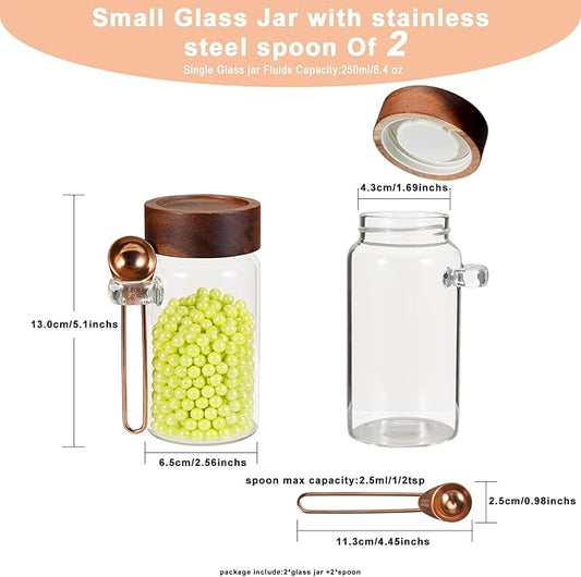 8 oz Small Glass Mason Jars with Scoop Wooden Screw Lid Spice Herb Storage Container Clear Round Glass Food Canister for Seasoning Sugar Tea Coffee Bean Spice Salts Pantry (2×250ml(8.4oz)with scoop)