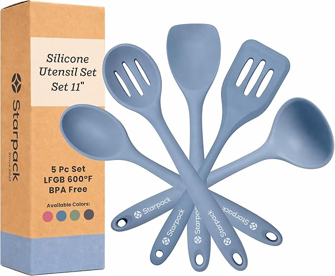 Starpack Stir and Serve Silicone Cooking Utensils Set (5-Piece, 11") - LFGB Non Toxic, 600°F Heat Resistant, BPA-Free - One-Piece Seamless, Dishwasher Safe - for Nonstick Cookware, Light Blue