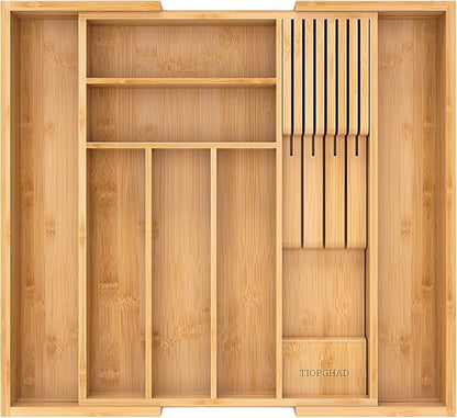 TIOPGHAD Bamboo-Silverware-Drawer-Organizer-Kitchen, Expandable Utensil Holder Cutlery Tray Flatware Organization Adjustable Wood Tableware Dividers Storage (with Removable Knife Block)(Natural)