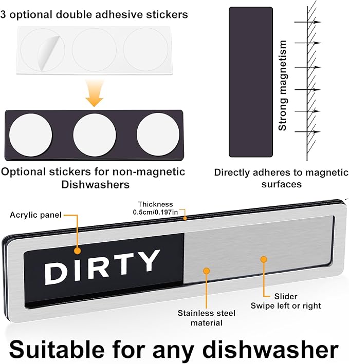 Dishwasher Magnet Clean Dirty Sign - Reversible Strong Magnet & Non-Scratch Clean Dirty Magnet for Dishwasher, Easy to Read Dishwasher Sign with Optional Adhesive, Kitchen Decor Home Essentials