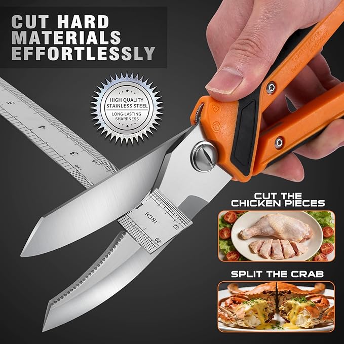 Chenovate® Heavy Duty Kitchen Scissors,Kitchen Shears with Knife & Scissor Switch Lock,Food Scissors Fit for Poultry Bones,Turkey,Meat Cutting,Veggies,Fish,Pizza (orange)