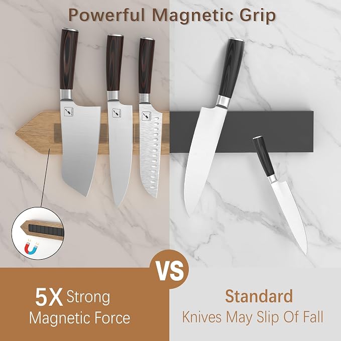 imarku 16 Inch Magnetic Knife Strip, Acacia Wood Knife Holder for Wall, Heavy Duty Magnet for Quick Access & Secure Grip, Space Saving Kitchen Utensil Rack with 4 Hooks