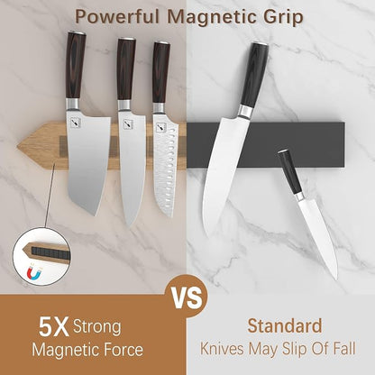 imarku 16 Inch Magnetic Knife Strip, Acacia Wood Knife Holder for Wall, Heavy Duty Magnet for Quick Access & Secure Grip, Space Saving Kitchen Utensil Rack with 4 Hooks