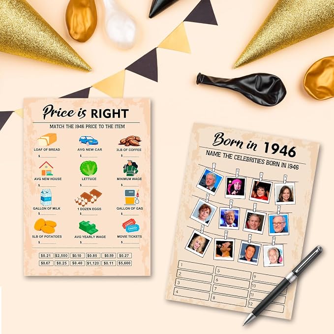 QUPT 80th Birthday Party Games, Set of 2 Activities for 15 Guests, Born in 1946 Games Bundle, Birthday Party Supplies for Adults, Pack of 30 Cards