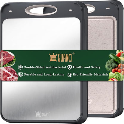 GUANCI Stainless Steel Cutting Board for Kitchen, Non Toxic 2-in-1 Double Sided Design, 304 Food Grade Stainless Steel & Wheat Straw PP, Durable Chopping Board for Meat & Vegetables, 14×9.6 Inch