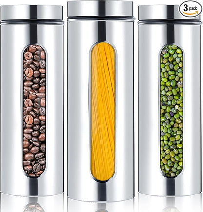 Mimorou 3 Pcs Stainless Steel Canister Set with Glass Windows Visible Storage Jars Silver Kitchen Canister Set for Pasta Flour Oat Sugar Container, Kitchen Tools, Housewarming Gifts(60 oz)