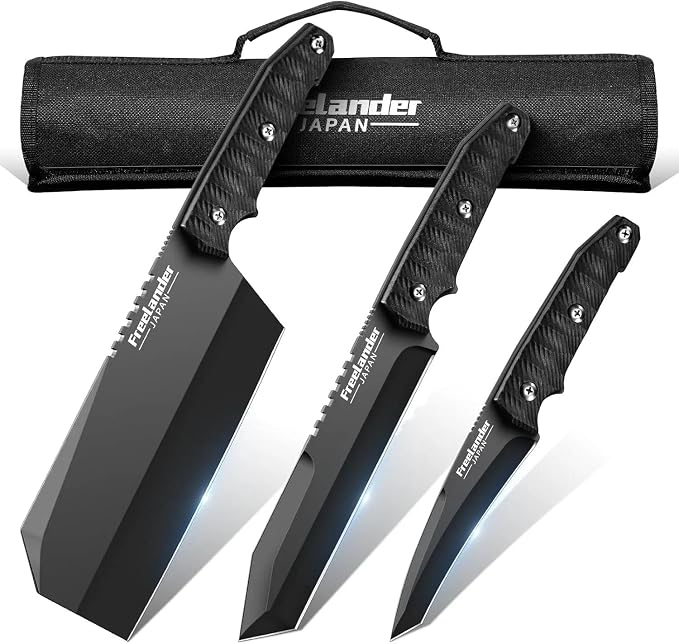 Freelander 3PCS Butcher Knife Set for Meat Cutting, Sharp Chef Knife Set Dishwasher Safe with Roll Bag, Full Tang BBQ Knifes with Leather Sheath, Gifts for Men Women