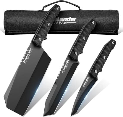 Freelander 3PCS Butcher Knife Set for Meat Cutting, Sharp Chef Knife Set Dishwasher Safe with Roll Bag, Full Tang BBQ Knifes with Leather Sheath, Gifts for Men Women