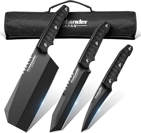 Freelander 3PCS Butcher Knife Set for Meat Cutting, Sharp Chef Knife Set Dishwasher Safe with Roll Bag, Full Tang BBQ Knifes with Leather Sheath, Gifts for Men Women