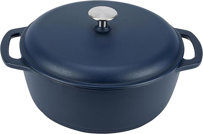 Amazon Basics Enameled Cast Iron Dutch Oven Pot with Lid, Round, Dual Handles, Heavy-Duty, Oven Safe for Stews, Roasting, Baking,6-Quart, Matte Navy