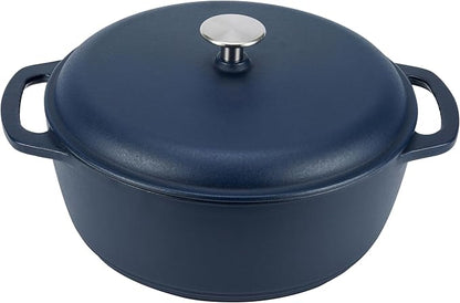 Amazon Basics Enameled Cast Iron Dutch Oven Pot with Lid, Round, Dual Handles, Heavy-Duty, Oven Safe for Stews, Roasting, Baking,6-Quart, Matte Navy