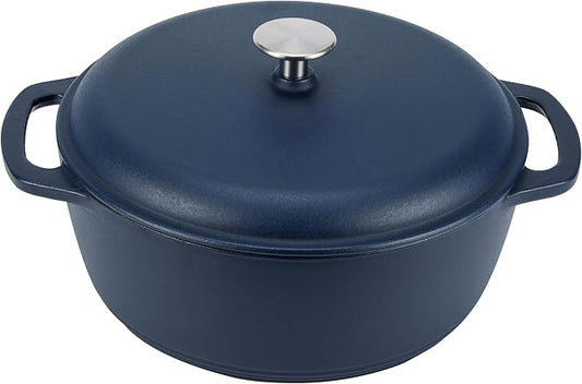 Amazon Basics Enameled Cast Iron Dutch Oven Pot with Lid, Round, Dual Handles, Heavy-Duty, Oven Safe for Stews, Roasting, Baking,6-Quart, Matte Navy