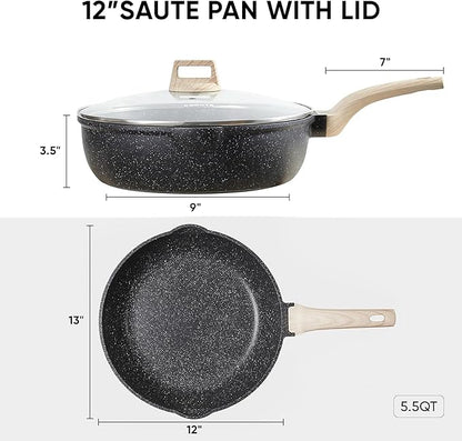 CAROTE 12 Inch Nonstick Deep Frying Pan with Lid, 5.5 Qt Jumbo Cooker Saute Pan with Pour Spout, Skillet Induction Cookware, Non Stick Cooking Pan PFOA Free, Classic Granite
