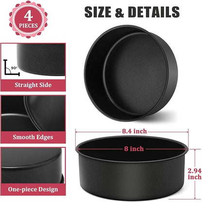 P&P CHEF 8 Inch Cake Pan, Nonstick Round Baking Layer Cake Pans Tins Set for Birthday Wedding, 2.94-Inch Deep Side & One-piece Design, Stainless Steel Core & Easy Clean, Black 4Pcs