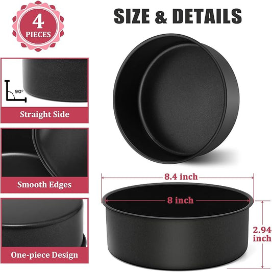 P&P CHEF 8 Inch Cake Pan, Nonstick Round Baking Layer Cake Pans Tins Set for Birthday Wedding, 2.94-Inch Deep Side & One-piece Design, Stainless Steel Core & Easy Clean, Black 4Pcs