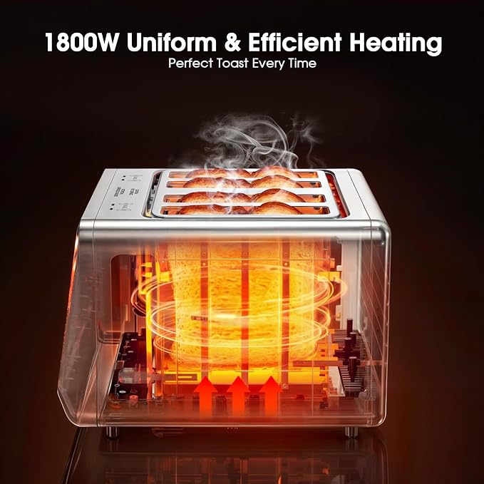 4-Slice Smart Toaster, 1800W Digital Touchscreen with Dual-Zone Control, 1.5" Extra-Wide Slots for Bagels & Thick Bread, 6 Browning Levels & 6 Presets, Single-Slot Energy Saving, Defrost/Reheat